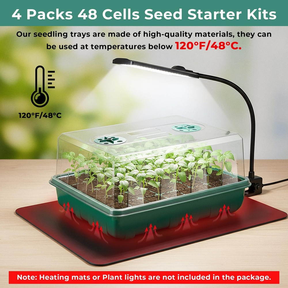 192 Cells Seed Starter Tray, 4 Packs Seed Starter Kit with Humidity Vented Do...