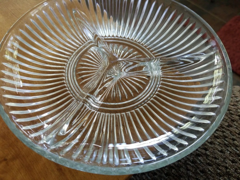 TWO KIG Indonesia Clear Glass Three Compartment Ribbed Nut Candy Dish