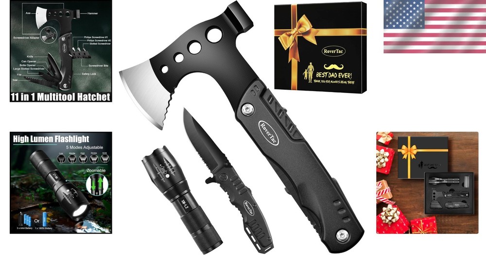 Unique Gift Box for Dad with Best Dad Ever Design Multitool Axe and Flashlight