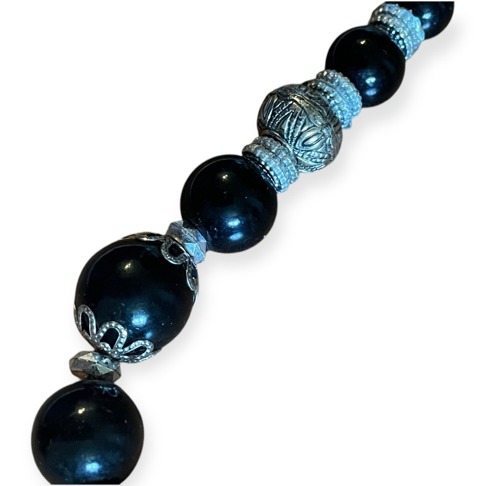 19” Black Beaded Necklace Silver Accent Filigree Spacer Boho Statement Beadwork