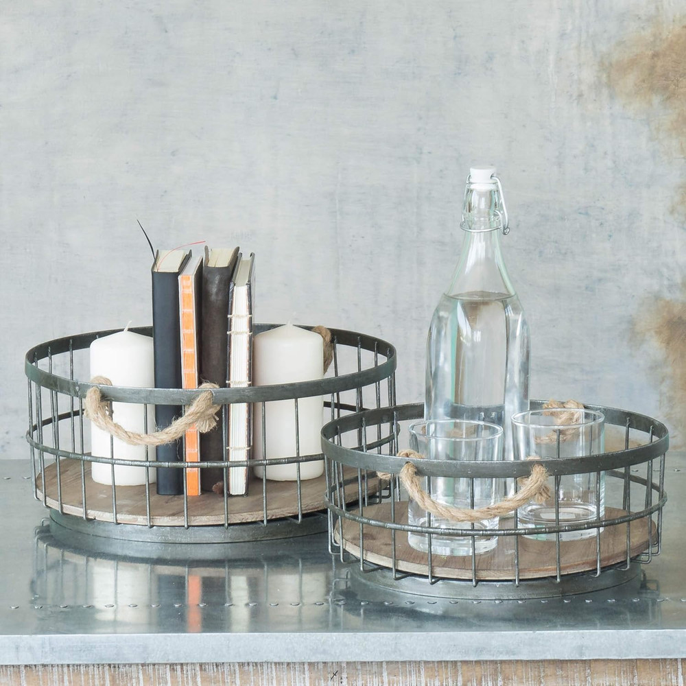 2Pc round Stackable Metal Wire and Wood Basket Set with Rope Handles, Rustic Dec
