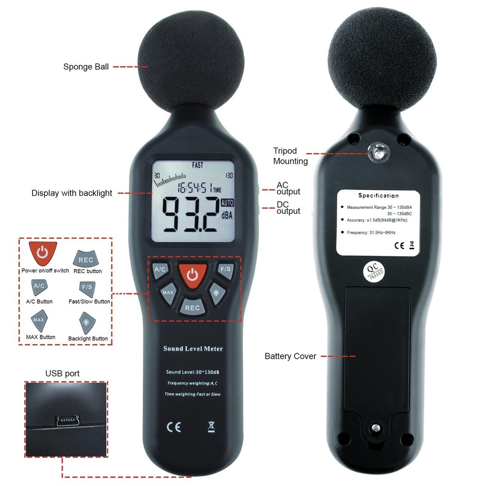 Decibel Meter Sound Level Recorder Digital dB With Data Record Function