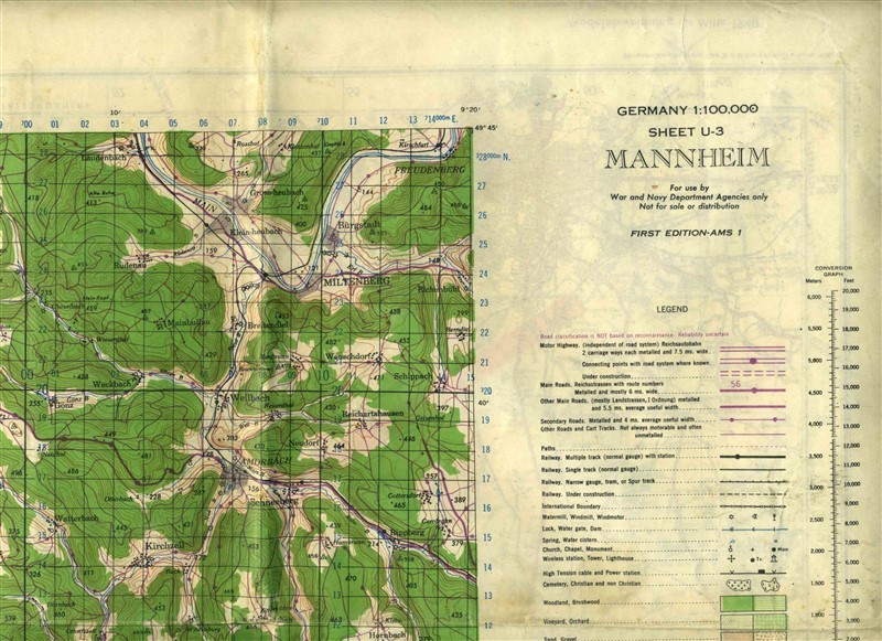 Mannheim Germany 1943 War & Navy Dept Map First Edition U-3 England Map on Back