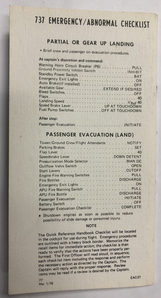 Air California 737 Emergency / Abnormal Checklist - Original