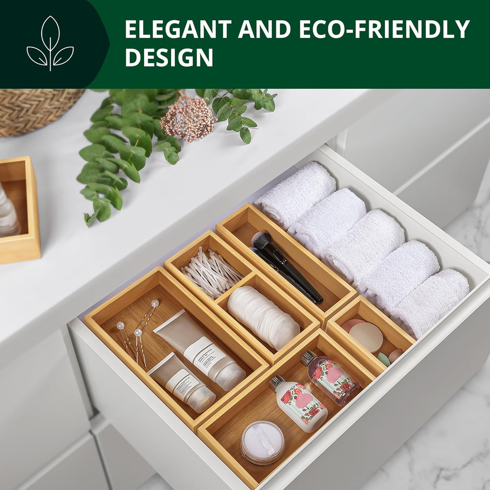 5-Piece Bamboo Drawer Organizer Set – Multi-Use Storage Trays for Kitchen, Ba...