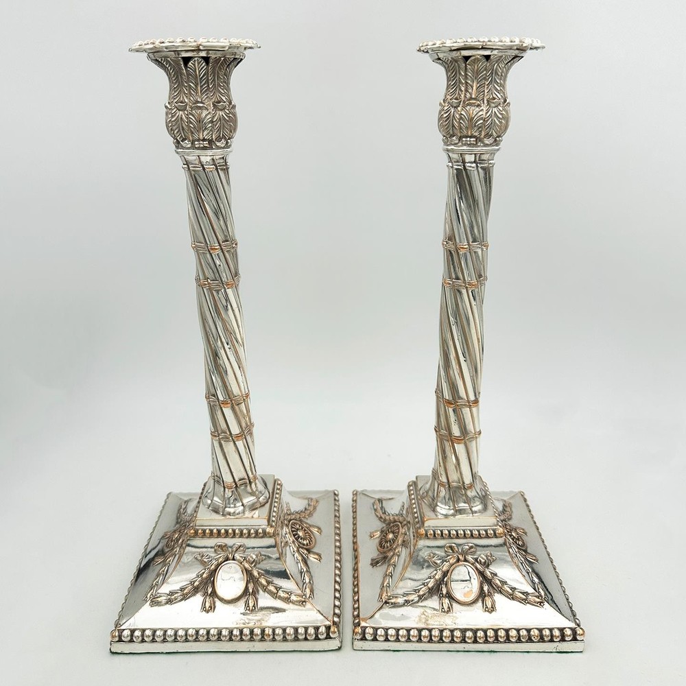 PAIR GEORGE III 12.5" CANDLESTICKS OLD SHEFFIELD PLATE c1775
