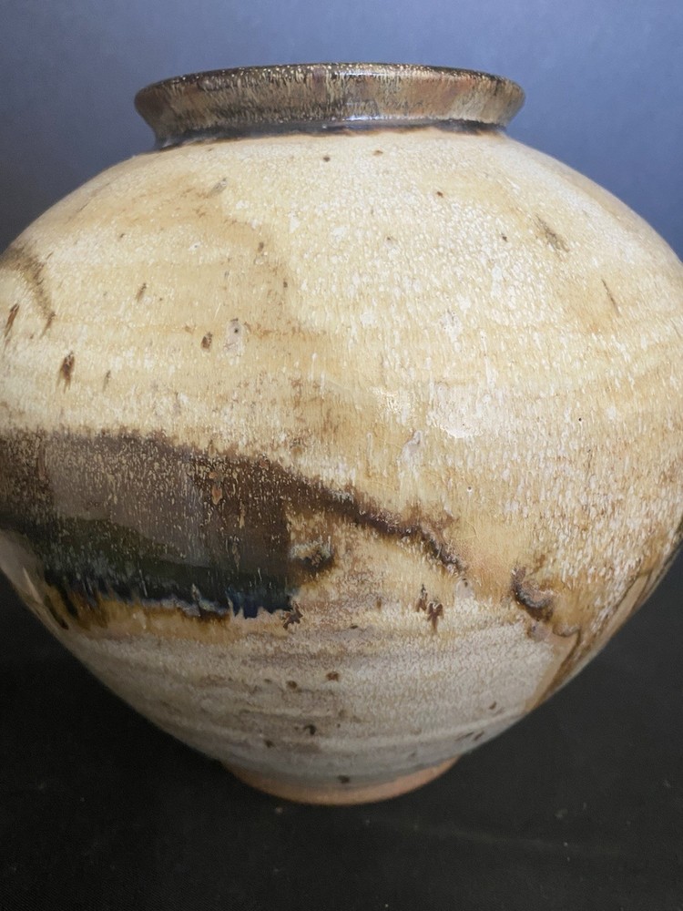 art pottery handmade stoneware lidded jar 10" signed beautiful large natural