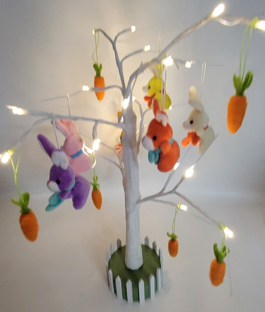 Lighted 22 Inch Easter Spring Tree 14 Hanging Plush Ornaments Rabbits Carrots