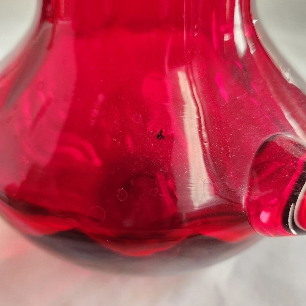 Vintage Ruby Red Small Pitcher Ruffle Top Art Glass Applied Clear Handle AS IS