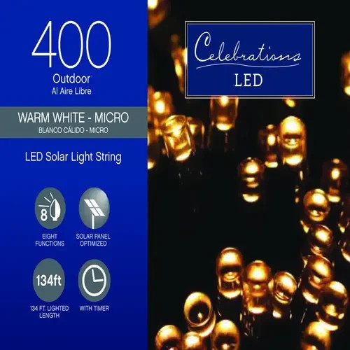 Christmas String Light Solar LED Micro/5mm 400-ct 134' ft White Celebrations