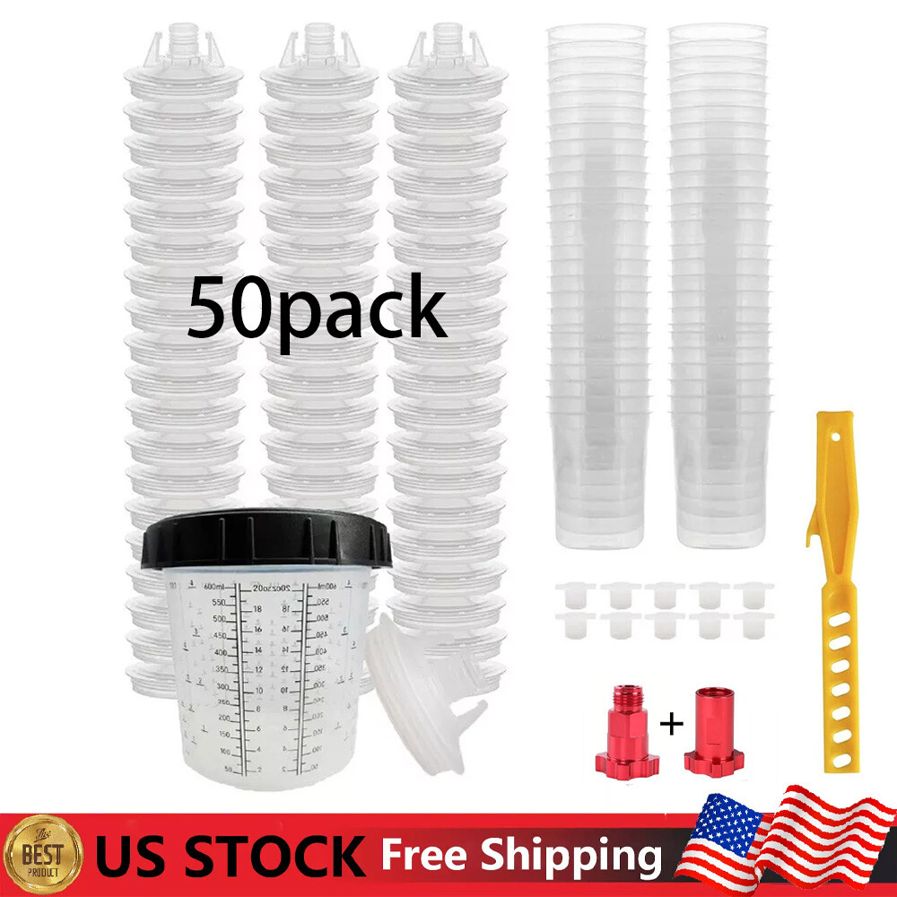 PPS CUPS Disposable Paint Spray Gun Cup Liners and Lid System (125 Mic) 50 Pack