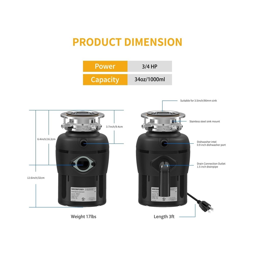 Garbage Disposal 3/4 HP for Kitchen sink Quiet with Stopper Power Cord, Easy ...