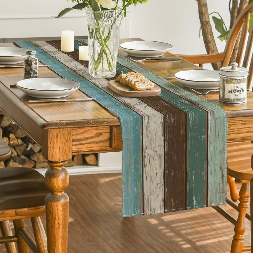 Green Retro Rustic Wood Texture Table Runner, Seasonal Spring Kitchen Dining Tab