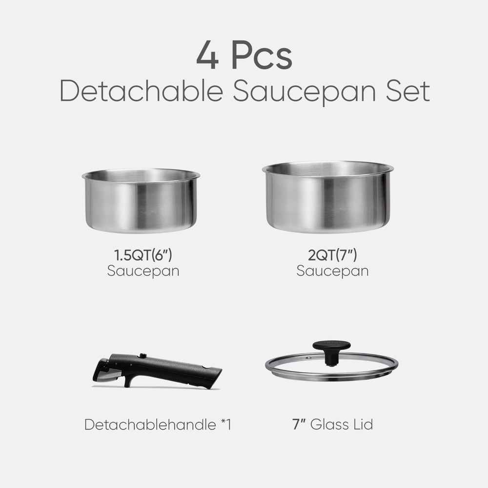 NIB Carote 4Pcs Stackable Saucepan Set Induction Ready Detachable Handle