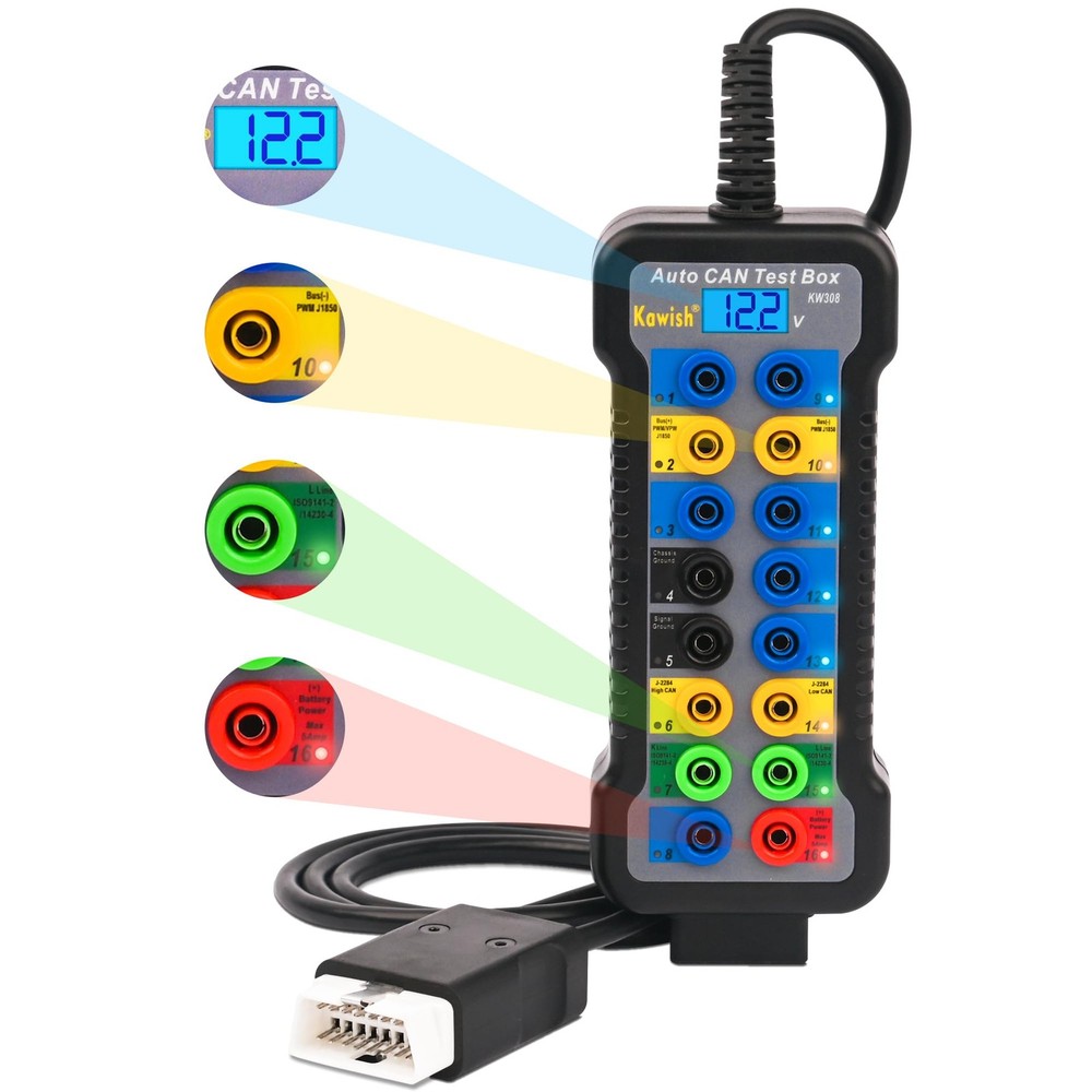 OBD2 Breakout Box 16-Pin CAN Bus Protocol Detector with LCD for ECU Testing