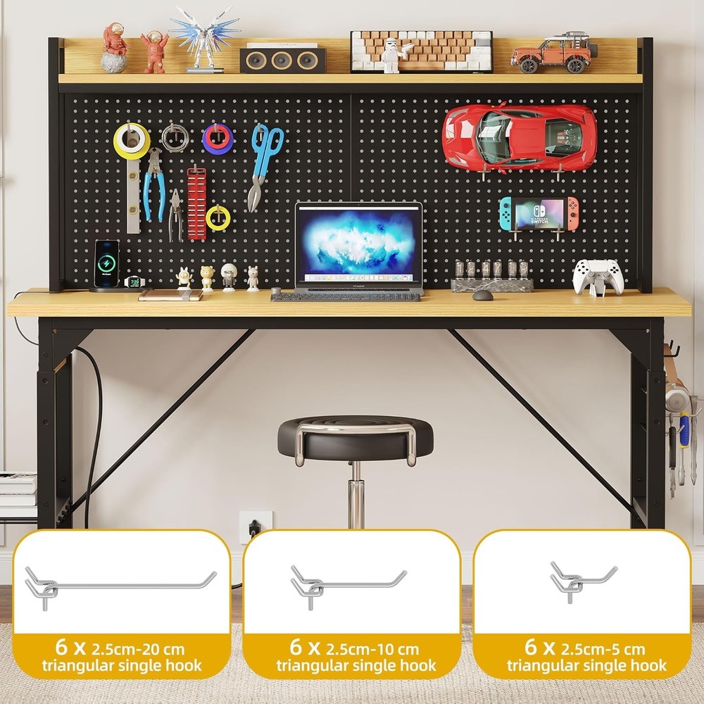 59" L Heavy-Duty Adjustable Workbench with Pegboard & Power Outlets Hooks Garage