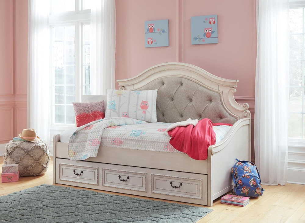 Realyn Tufted Twin Daybed with Drawer - No Box Spring Needed, White & Beige