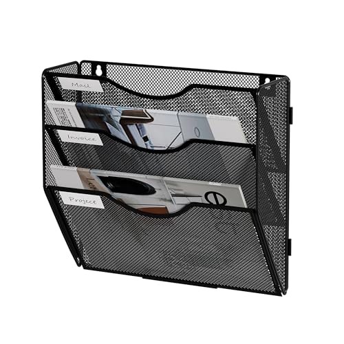 File Folder Organizer, 3-Tier Mesh Hanging Wall File Holder, 3 Tier- Black
