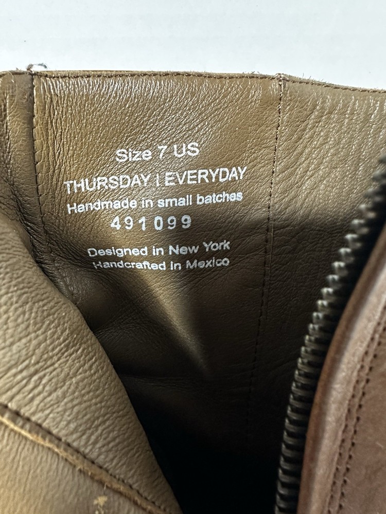 Thursday Highline Brown Leather Ankle Boot Block Heel Side Zip Size 7