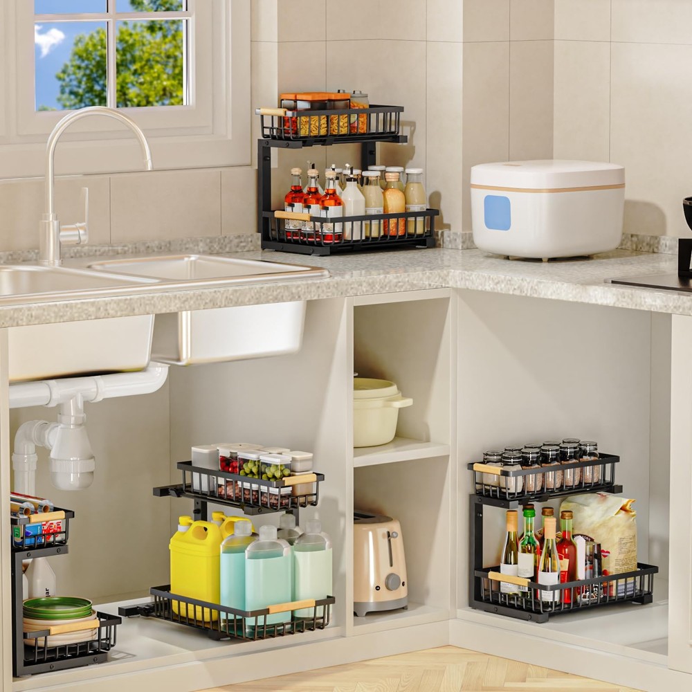 2Pcs Under Sink Organizer, Adjustable Under Sink Organizers and Storage, 2-Ti...