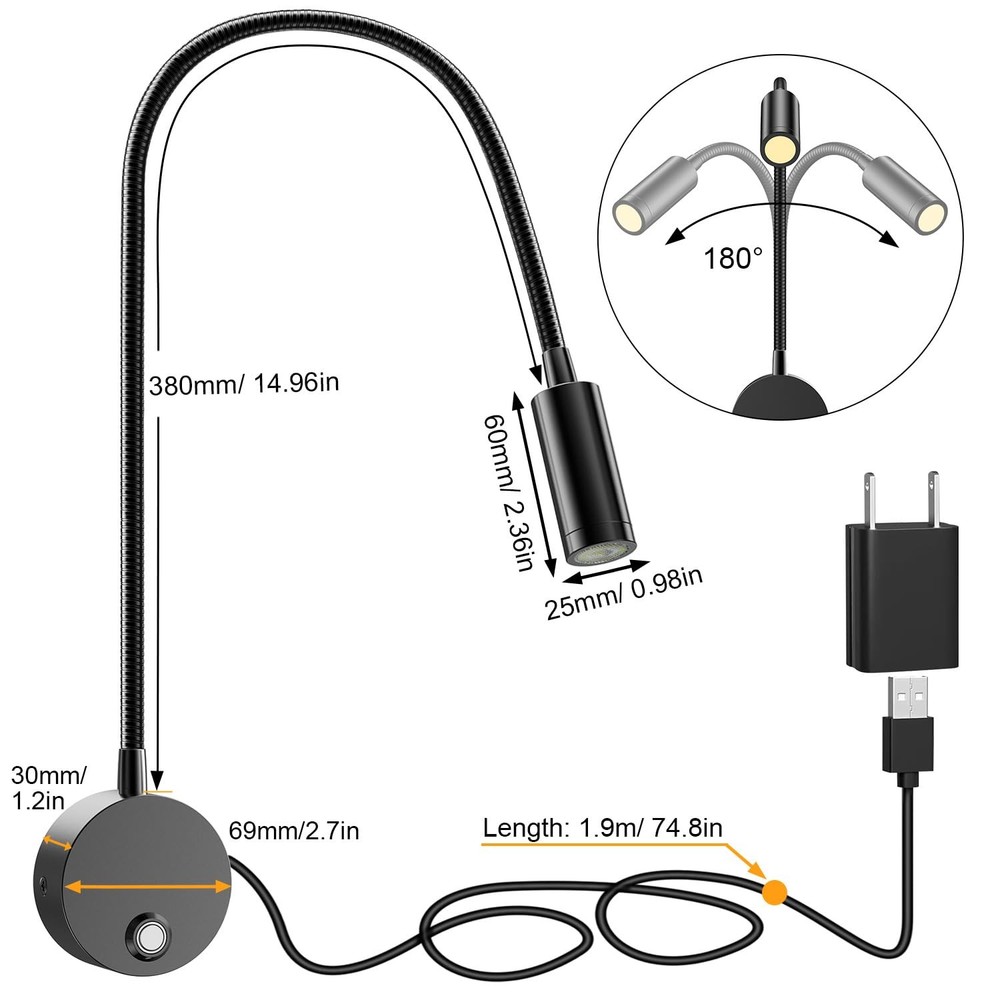 Wall Mounted LED Reading Light with 15" Flexible 15" Bedside reading light 2p