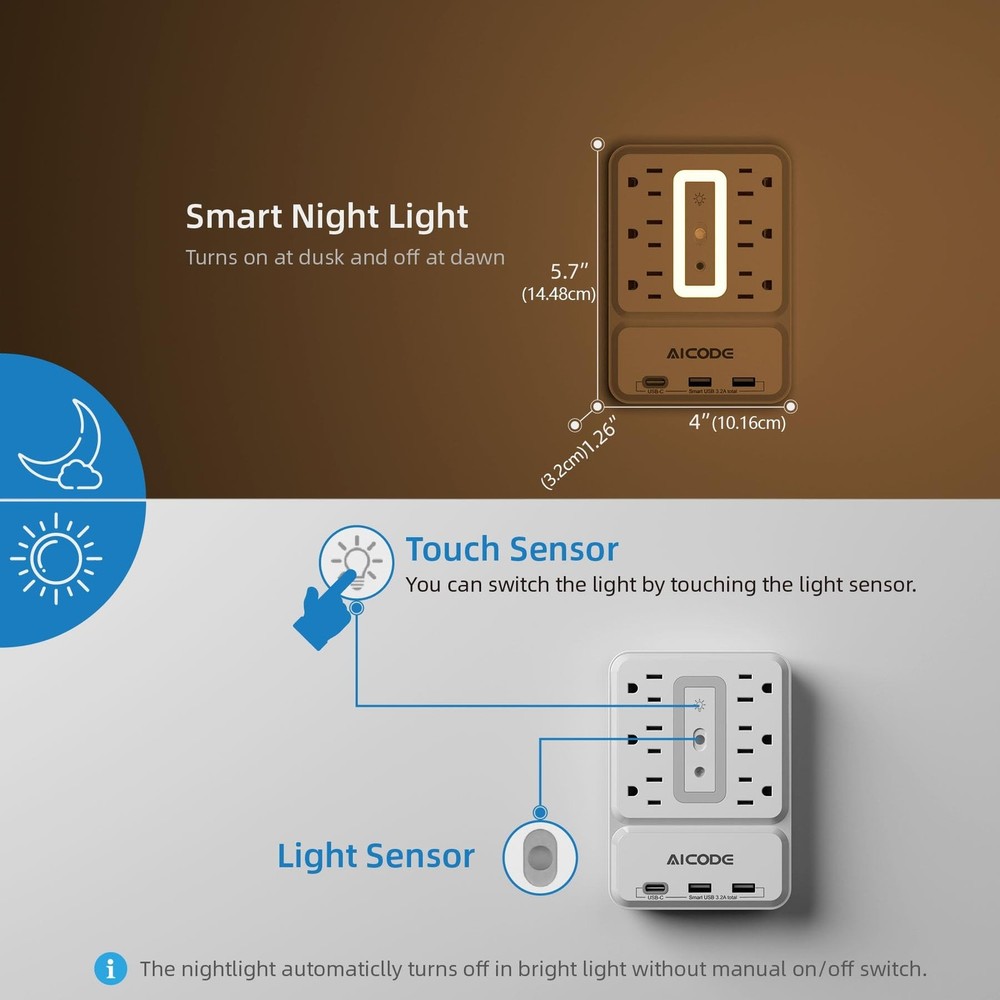 Outlet Extender with USB C, AICODE Multi Outlet Surge Protector with Nightlig...
