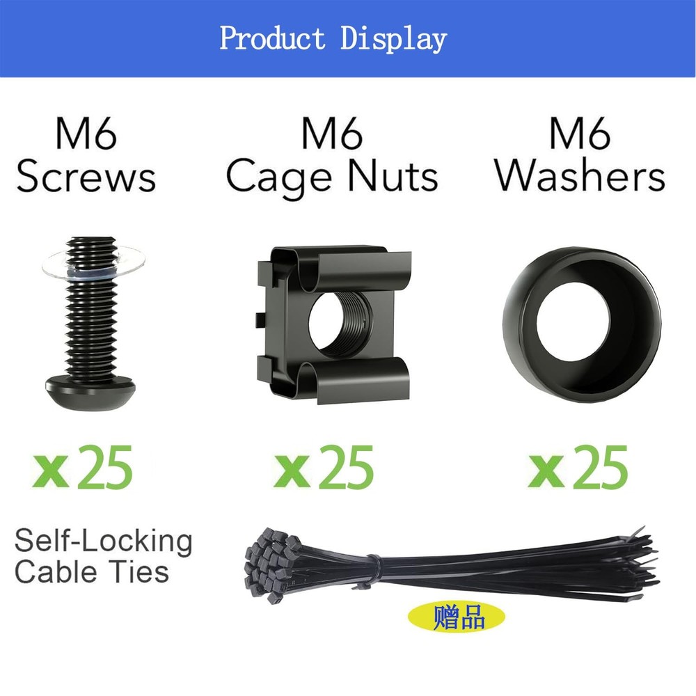 25 Pack M6 x 16 mm Rack Mount Cage Nuts Screws Washers Server Cabinet Black