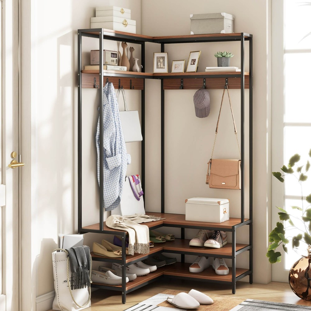 Corner Garment Rack w/ Open Shelves & 7 Hooks Shoe Bench Solid Metal Frame