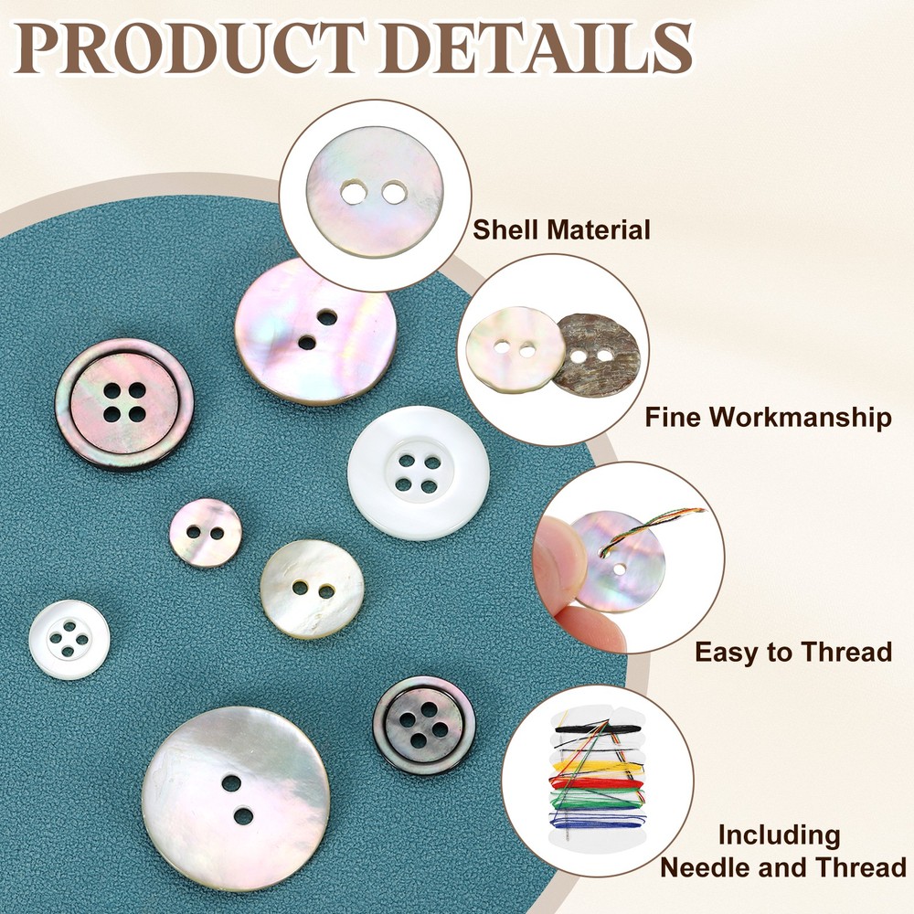 50Pcs 2 Hole 11.5mm Natural Shell Button with Sewing Thread Kit, Brown/Beige