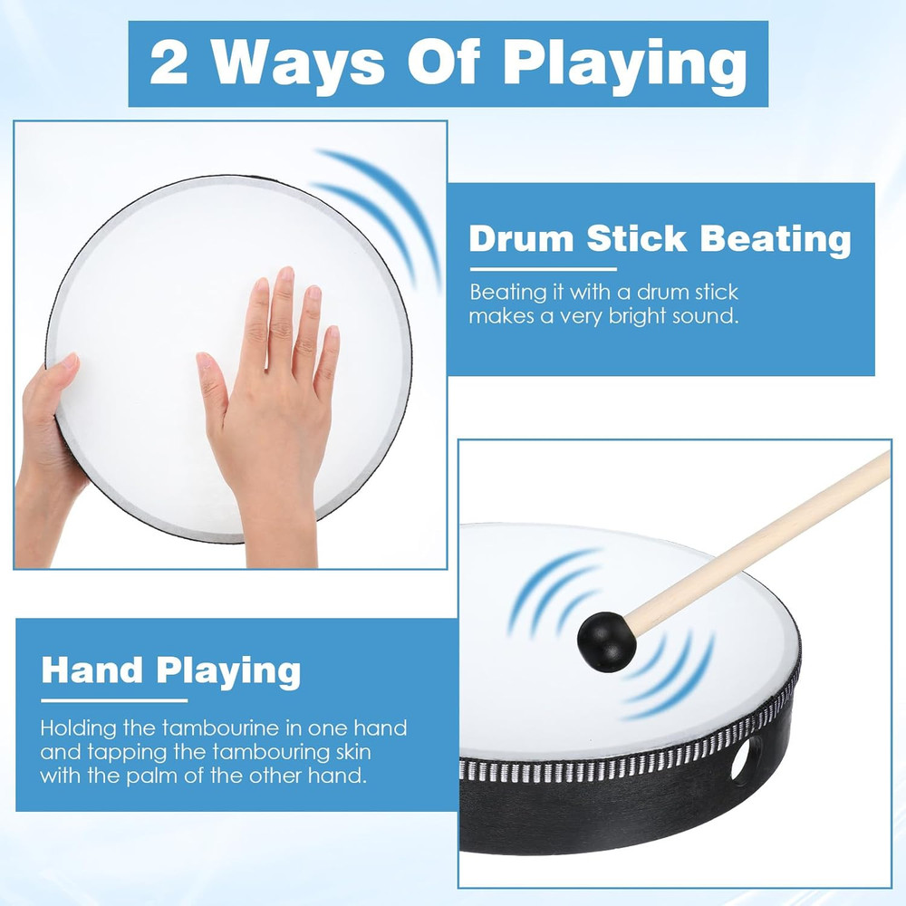 4 Pack Hand Drum Set 6-12" Wood Frame Percussion Instruments with Sticks For