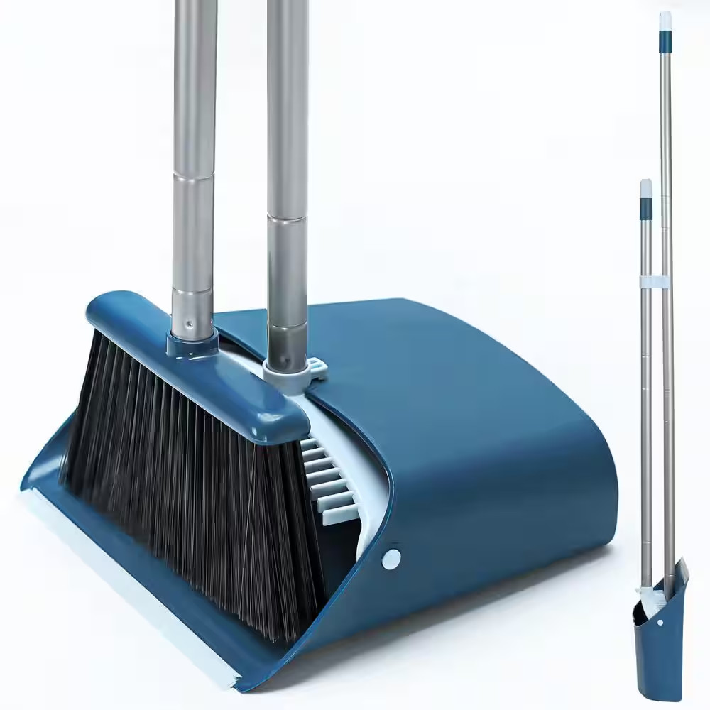 52 In. Blue Long Handle Standing Broom and Dustpan Set