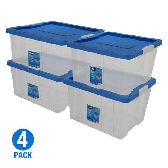 HART 68 Quart Clear Latching Plastic Storage Bin, Clear Base/Blue Lid, Set of 4