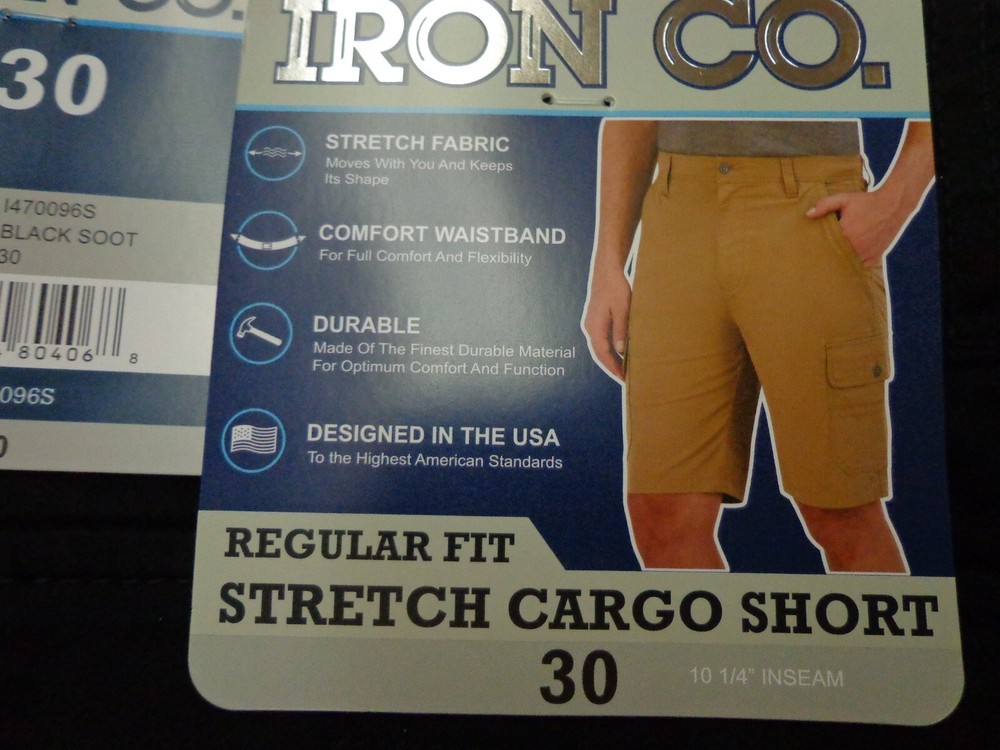 Iron Co Stretch Cargo Shorts Regular Fit Cotton Blend Black Soot Size 30