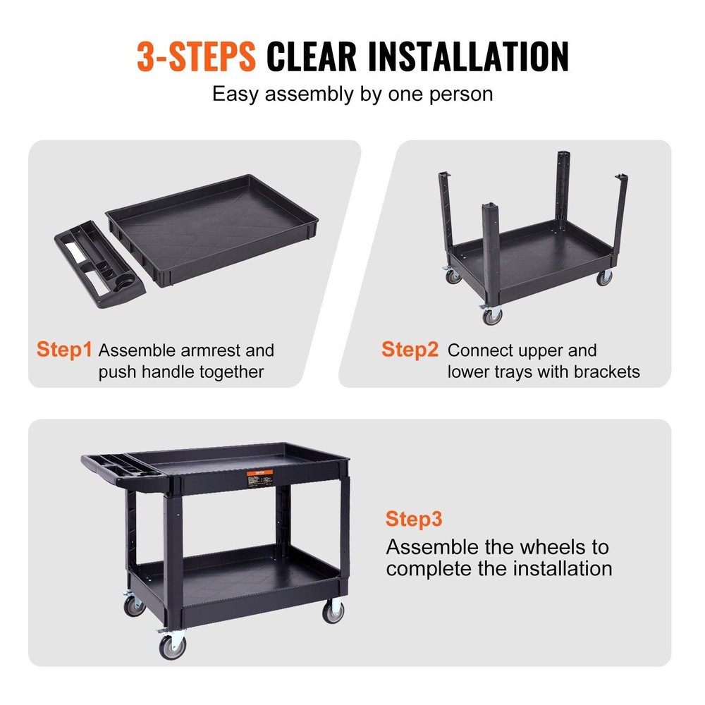 Durable 2-Tier Plastic Cart 550lb Capacity Ergonomic Handle & Storage