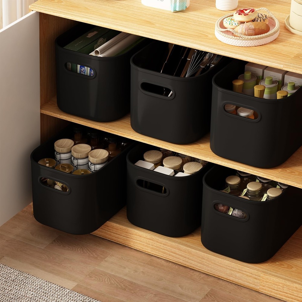 8 Pack Black Storage Bins with Lids Stackable Storage Container for Organizin...