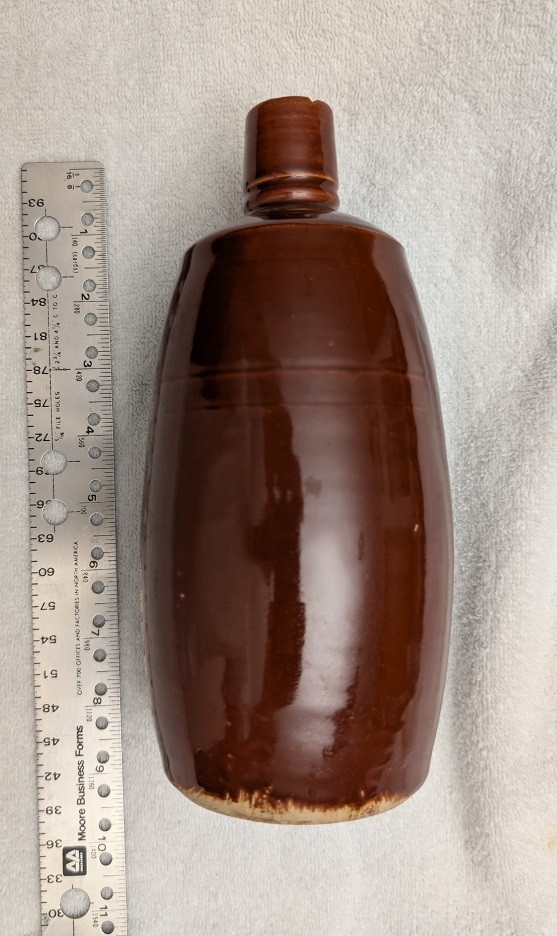 Vintage Brown Earthenware Stoneware Bottle, 9" Tall, Cork broken off