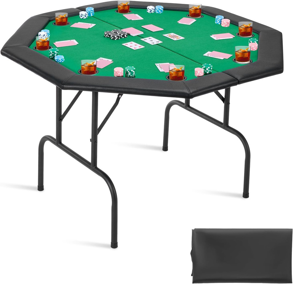 Portable 8-Player Foldable Poker Table with Cup Holders & Padded Rails
