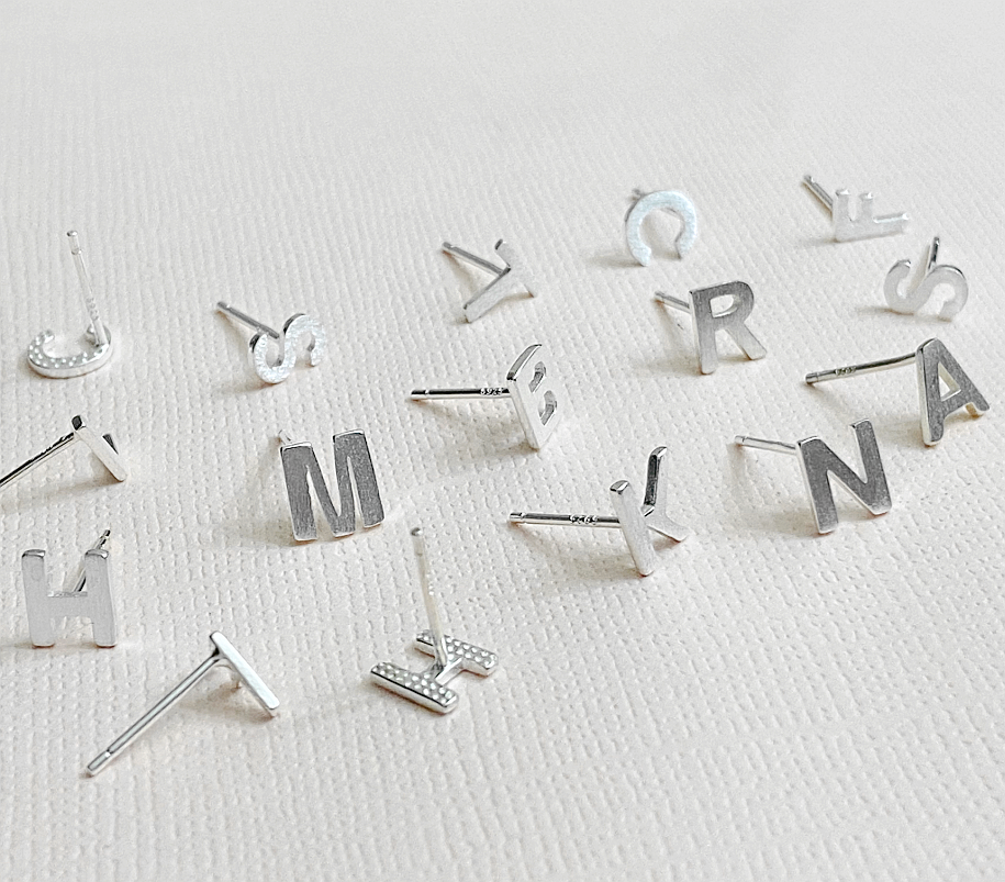 S925 Sterling Silver Satin Finish Alphabet Letter Initial Stud Earrings