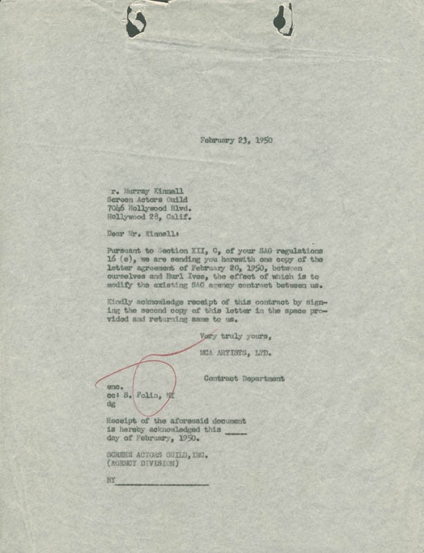 BURL IVES - DOCUMENT SIGNED 02/20/1950
