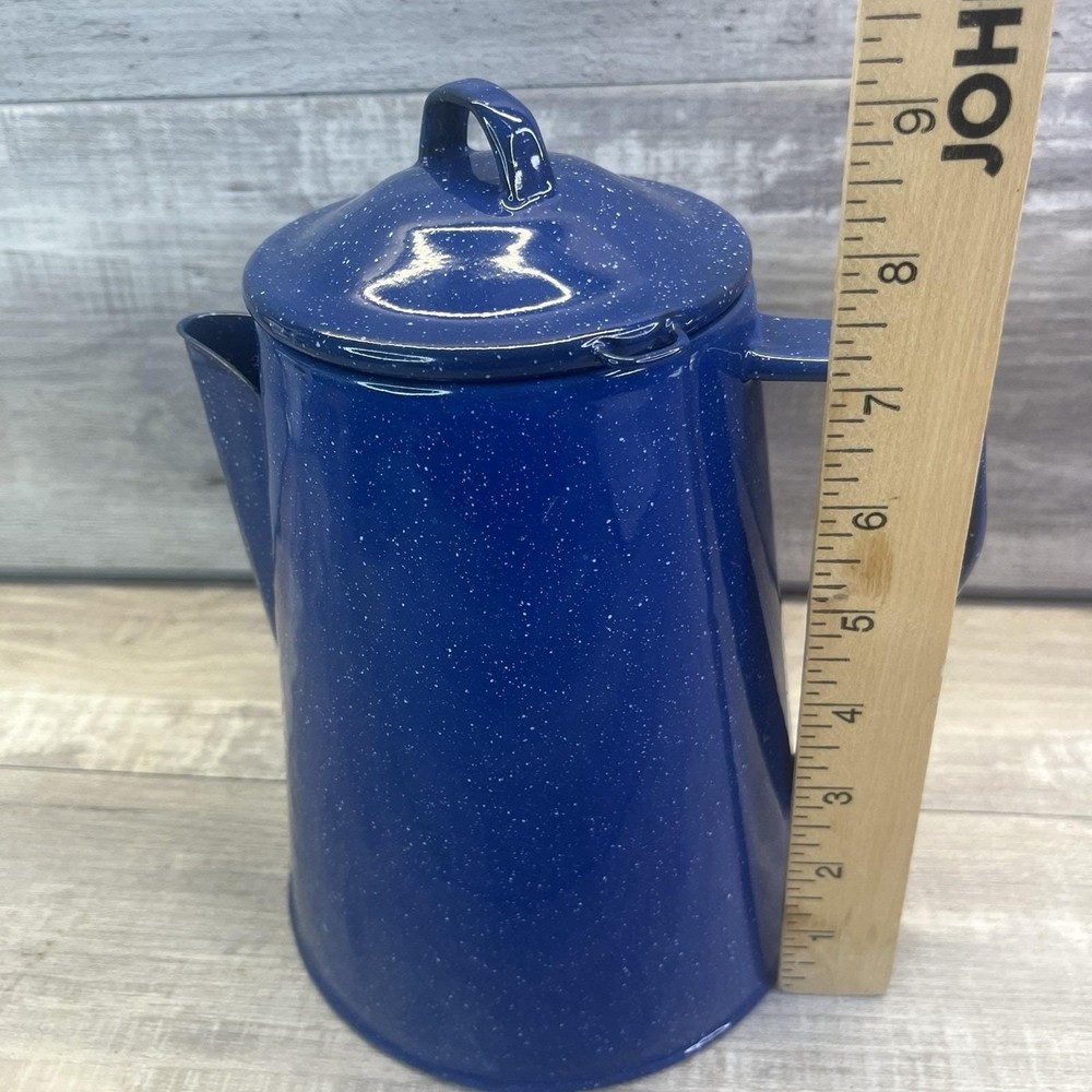 Blue Speckled Enamelware Coffee Pot Campfire Cookware Vintage Kettle