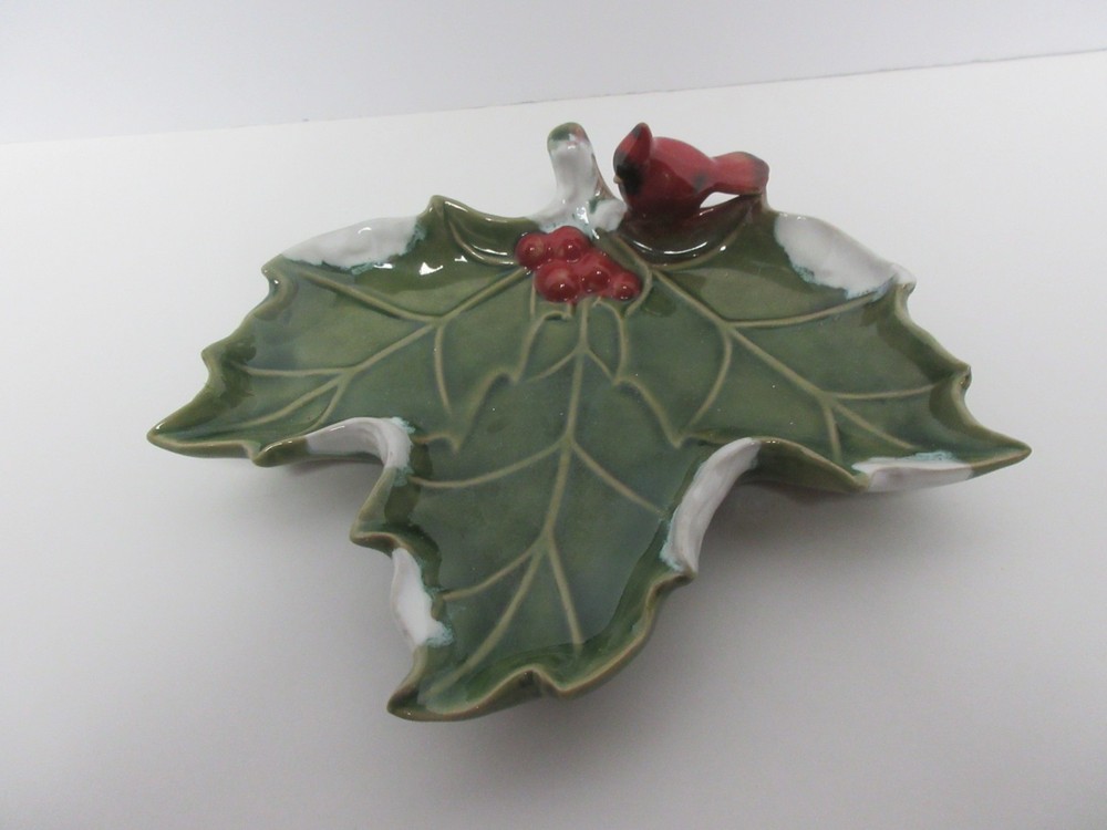 Red Cardinal Holly Berries on Ceramic Leaf Dish Christmas