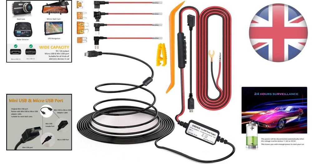 Dash Cam Hardwire Kit - 4m Mini & Micro USB Cable with Battery Drain Protection