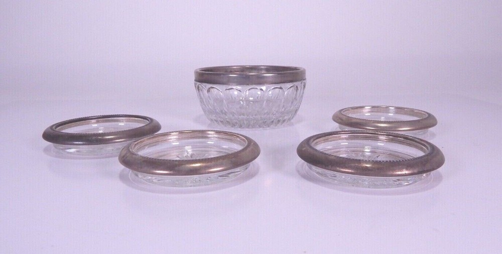Vintage Rimed Silver Plated Crystal Coaster Set & Matching Nut/Candy Bowl Italy
