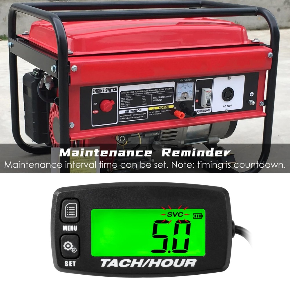 Self Powered Digital Tachometer Hour Meter, Inductive, Waterproof, Battery Re...