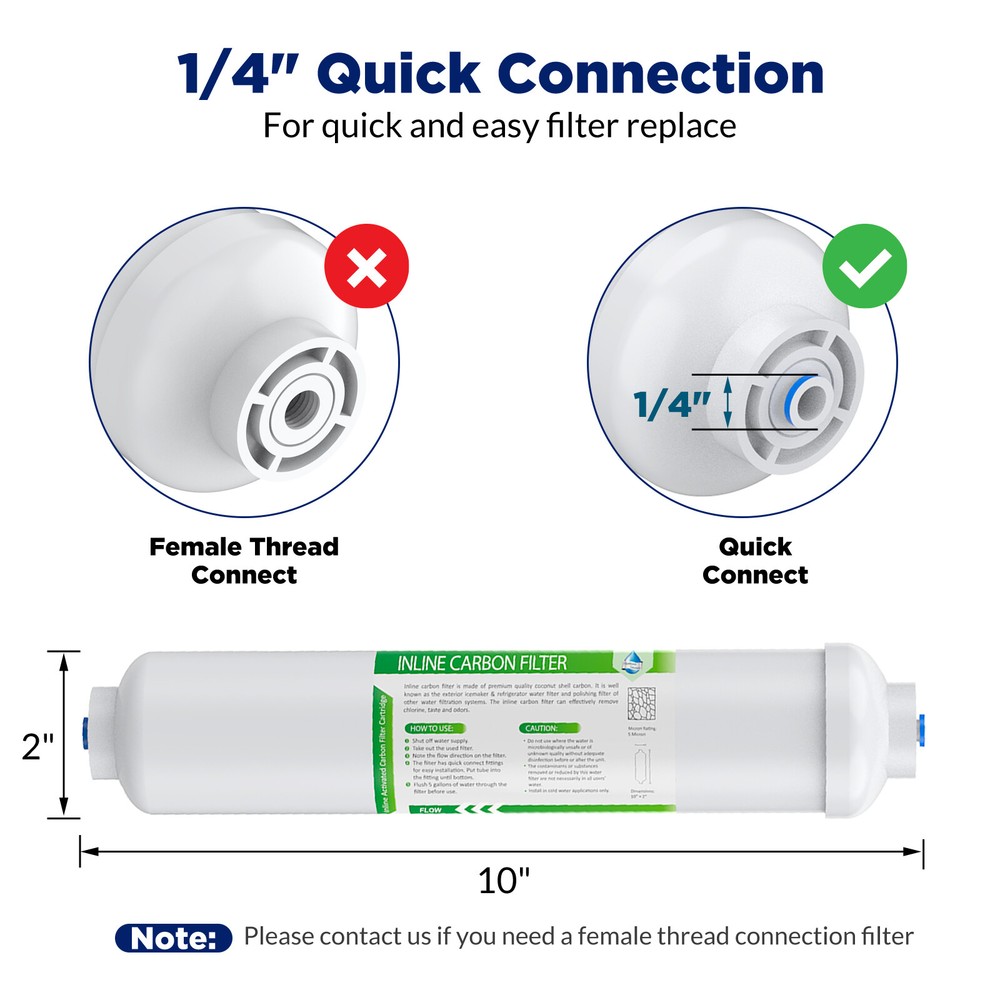 3 Pack Post Carbon Inline Water Filter Quick Connect 1/4" QC Fridge Ice-maker