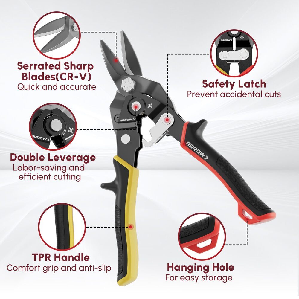 ARROW 3PCS 8" High Leverage Tin Snips Set Left Straight Right Cut Aviation Snips