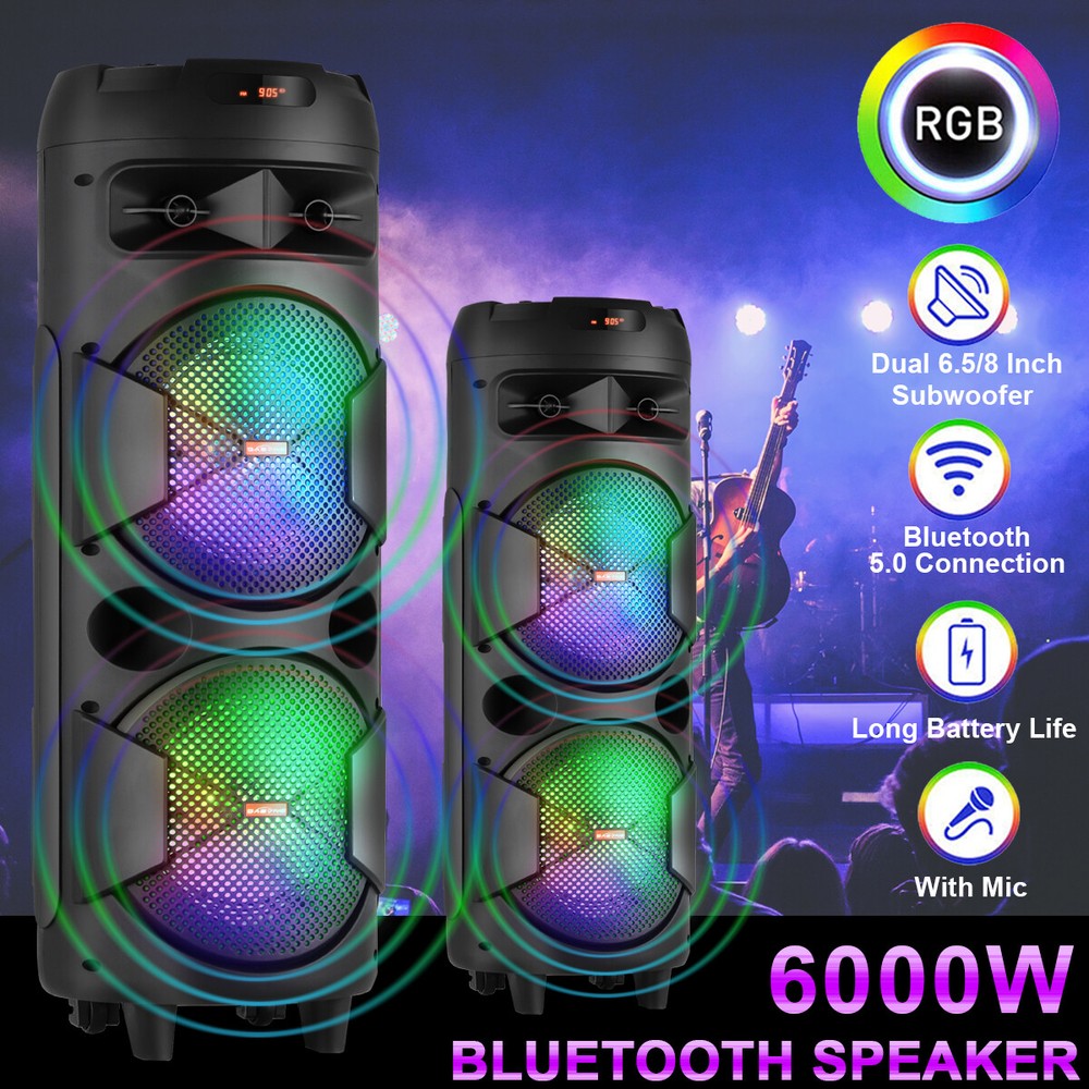 6000W Bluetooth Speaker Dual Subwoofer Super Loud Stereo Sound System FM w/Mic
