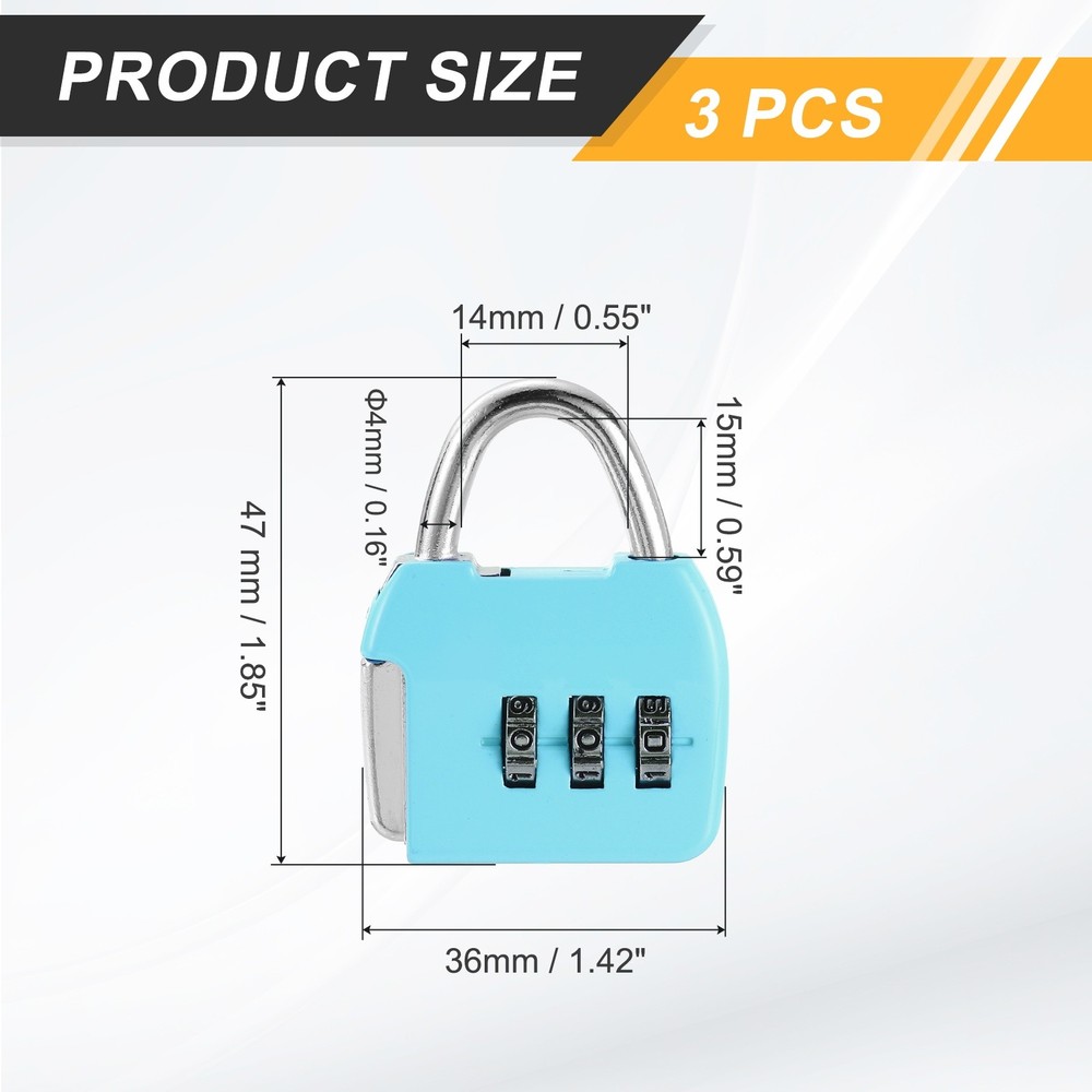 3Pcs Resettable 3 Digit Combination Lock Code Padlock, Sky Blue (47 x 36mm)