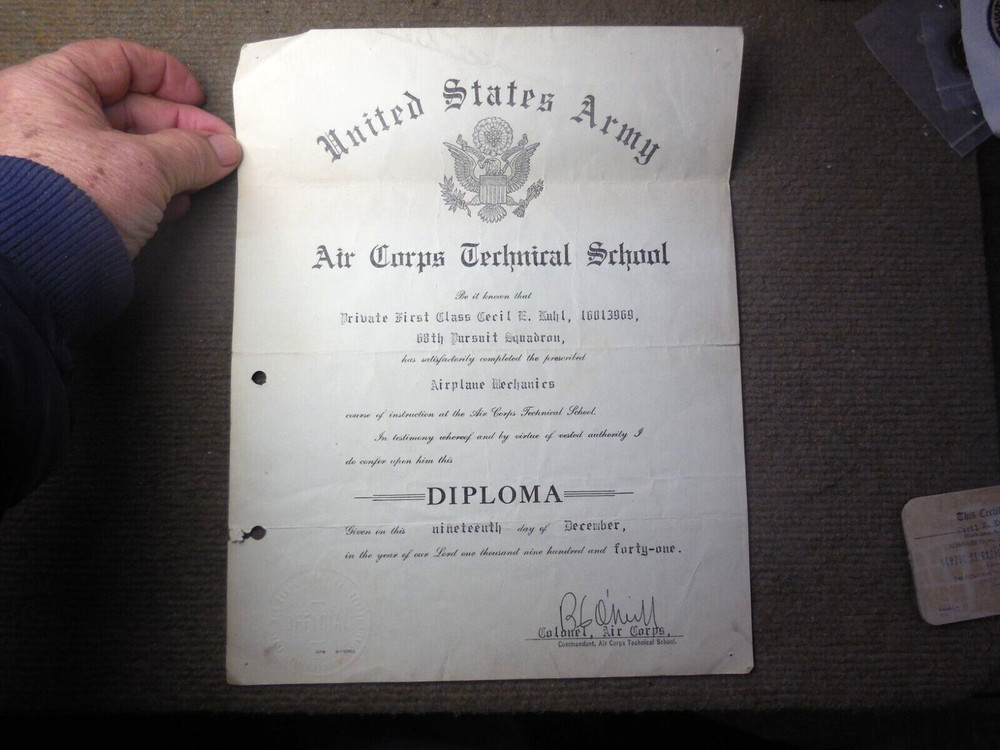 WWII 1941 USAAC Technical School Training Certificate 68th Pursuit Squadron