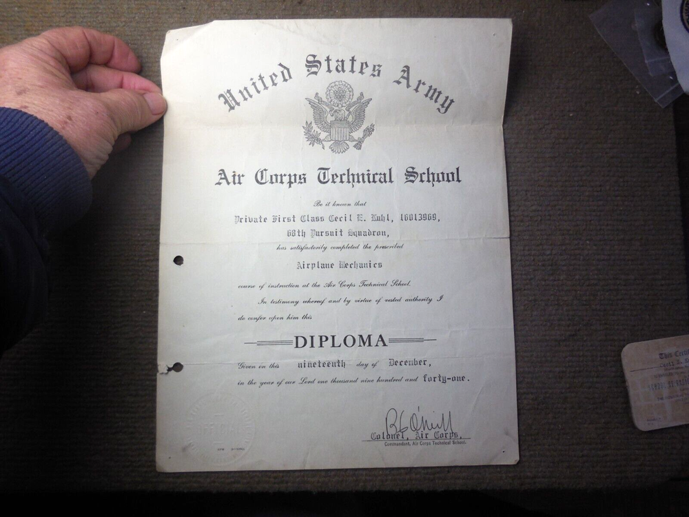 WWII 1941 USAAC Technical School Training Certificate 68th Pursuit Squadron